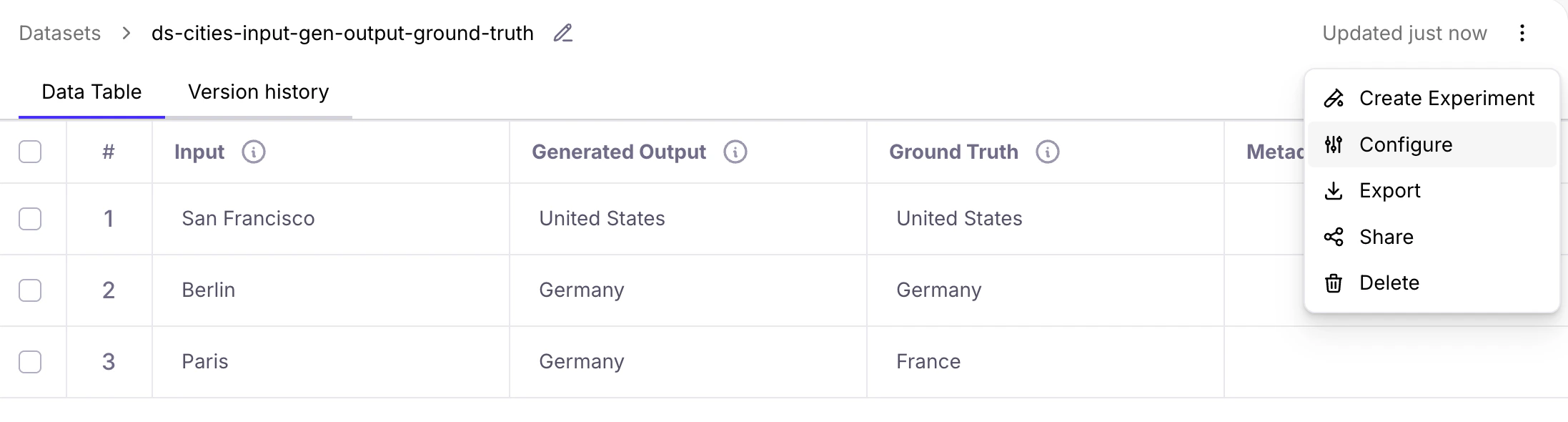 Configuring dataset menu