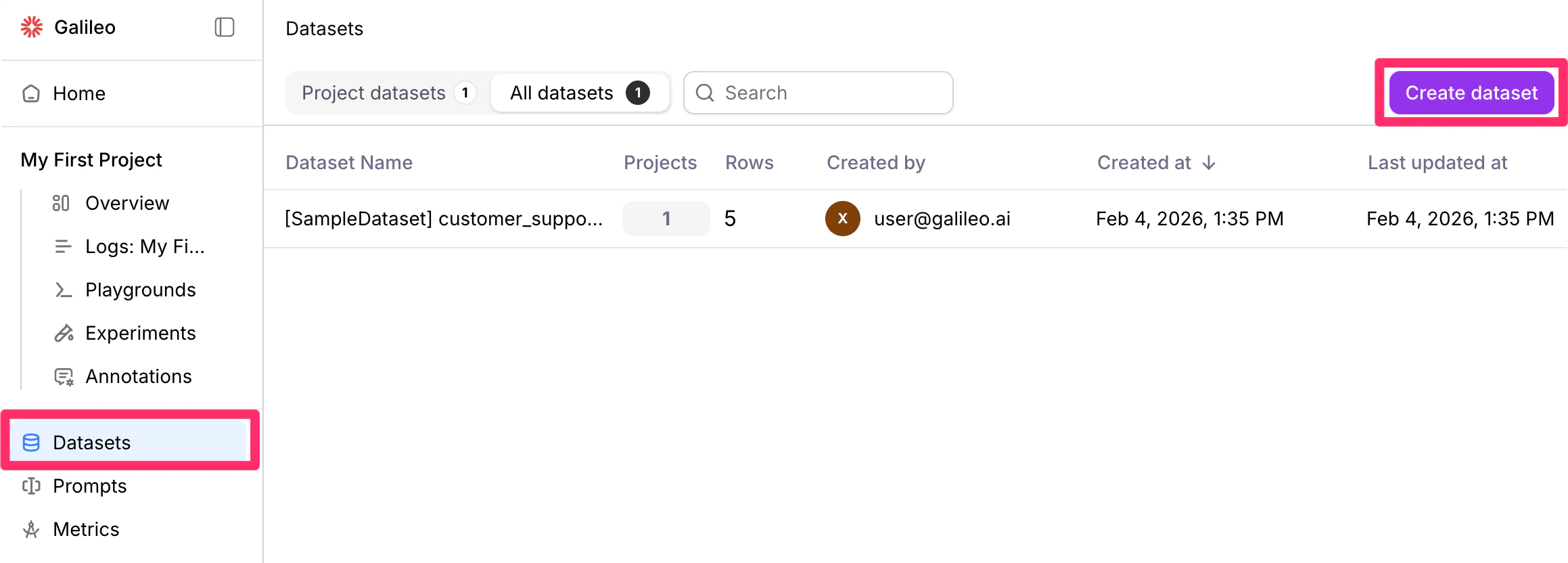 Dataset create dataset button