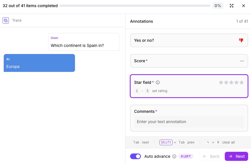 Annotation Queues: Auto advance and keyboard shortcuts