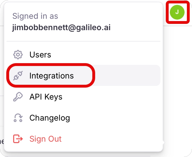The integrations menu