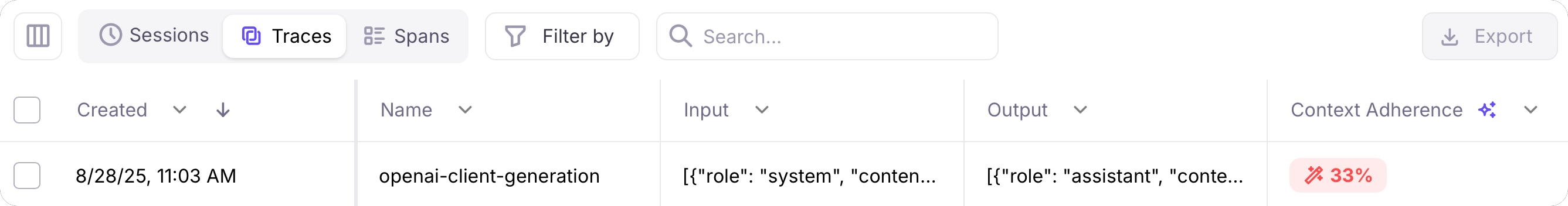 A logged trace with a 0% context adherence