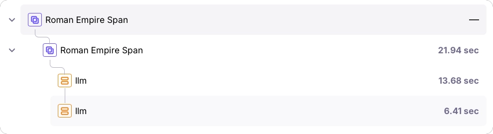 A workflow span containing 2 LLM spans