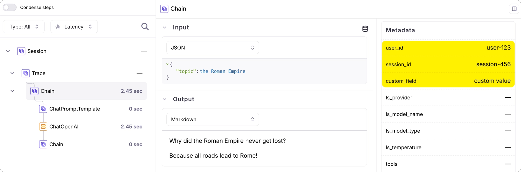 A chain node in a trace with metadata attached