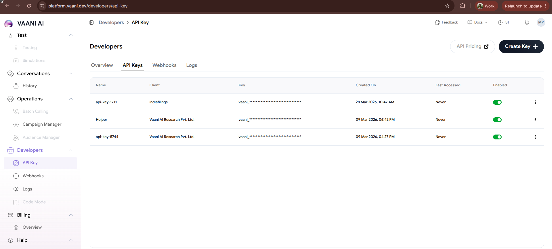 Settings page showing the API Keys section with a Generate API Key button