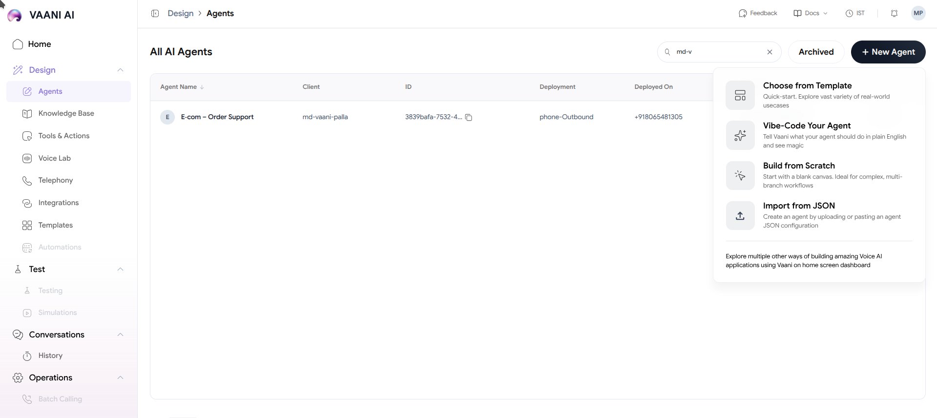 Vaani dashboard showing the main navigation with Agent Config, Call History, and Settings sections