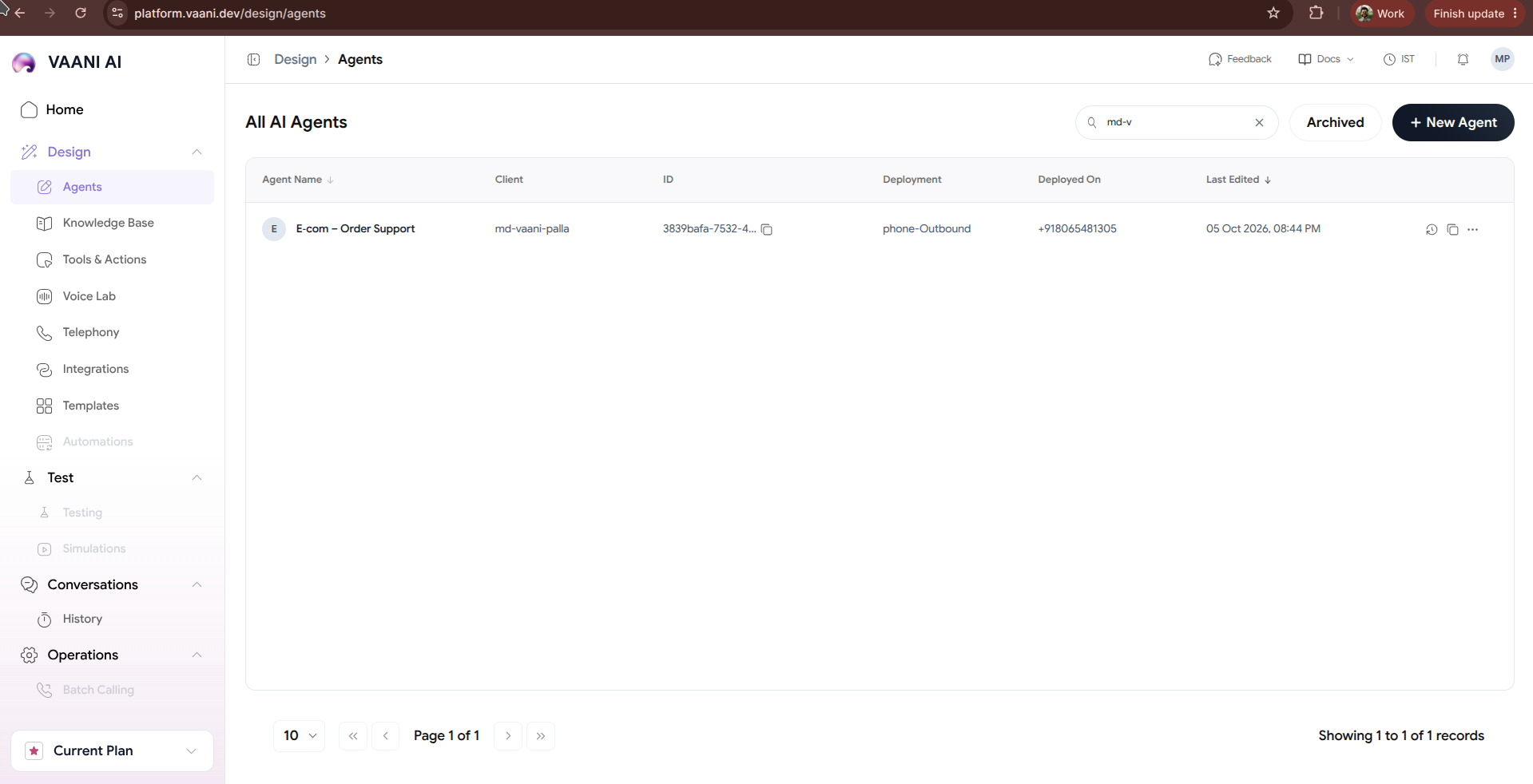 Vaani dashboard showing the main navigation with Agent Config, Call History, and Settings sections