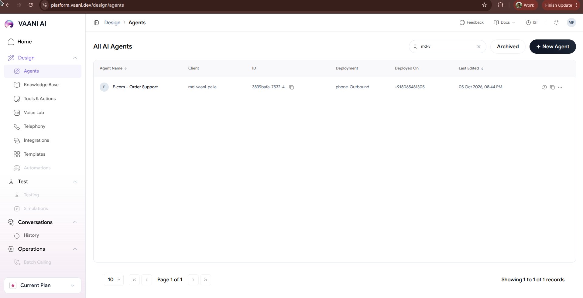 Vaani dashboard showing the main navigation with Agent Config, Call History, and Settings sections