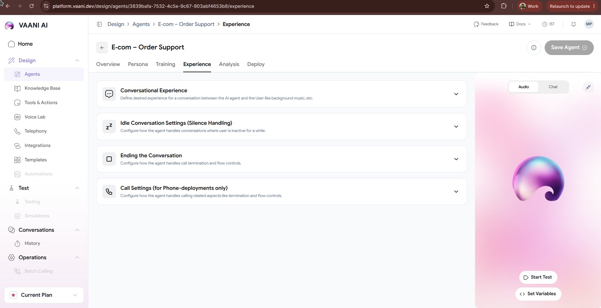 Experience Configuration in Vaani Dashboard