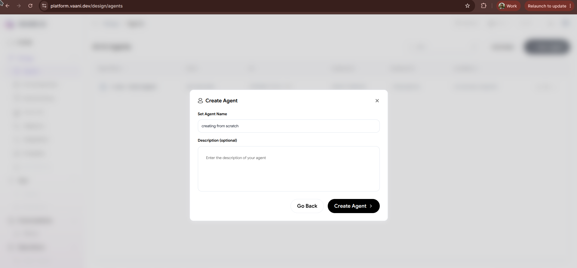 Vaani Create Agent Menu showing Build from Scratch