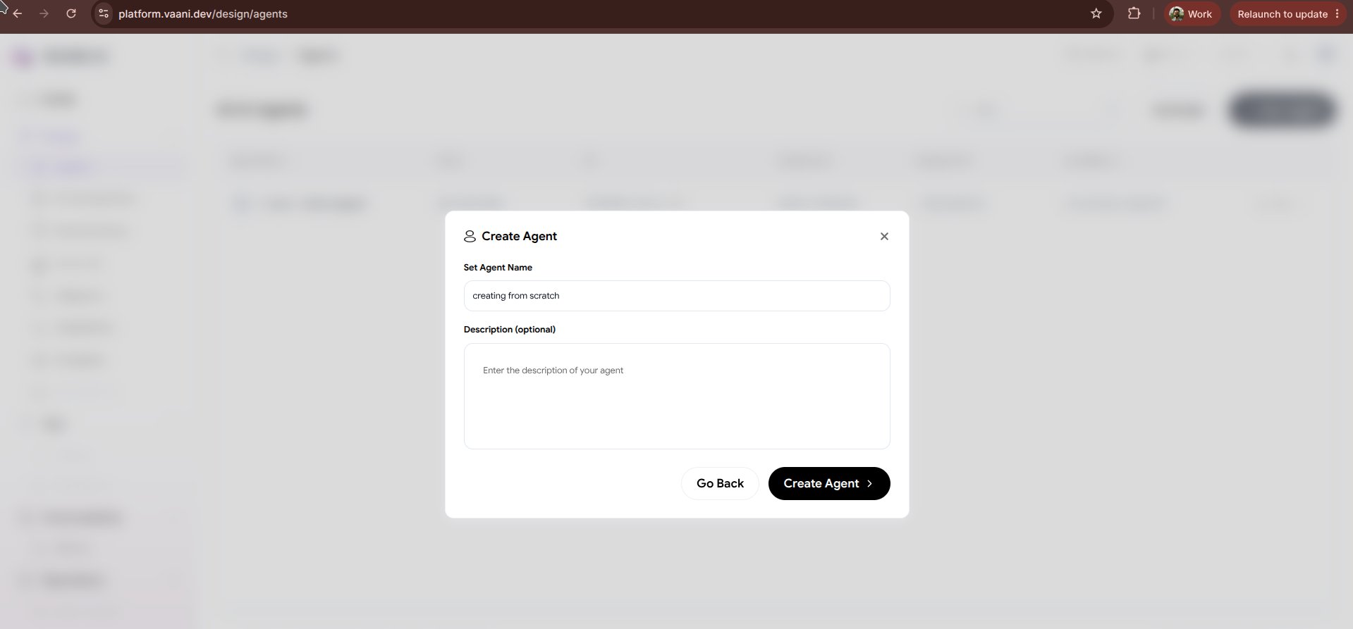 Vaani Create Agent Menu showing Build from Scratch
