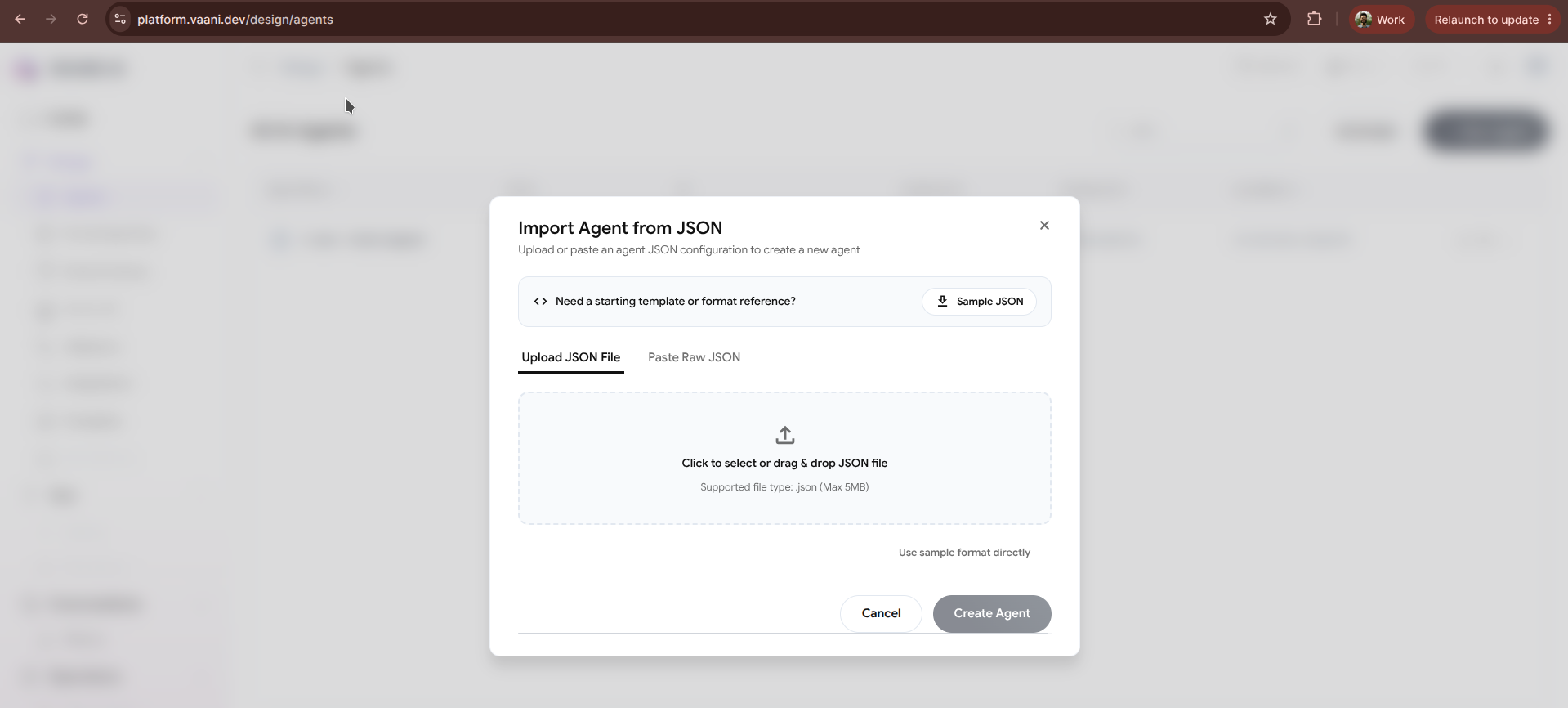 Vaani Create Agent Menu showing Import from JSON