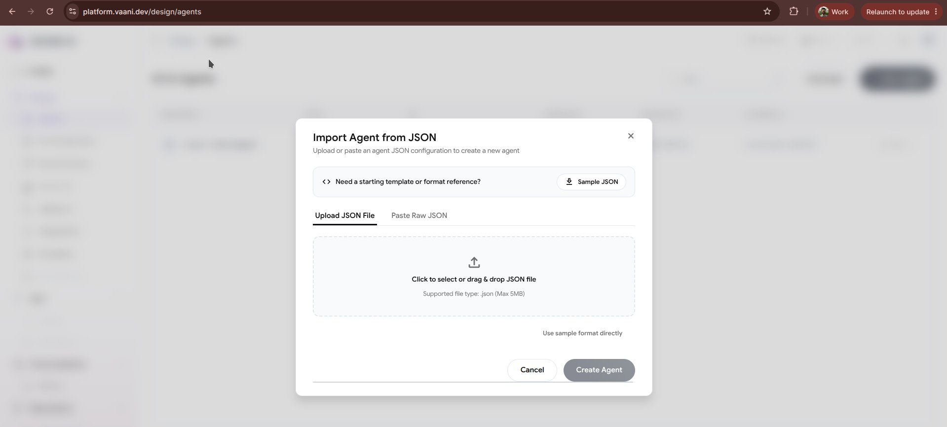 Vaani Create Agent Menu showing Import from JSON