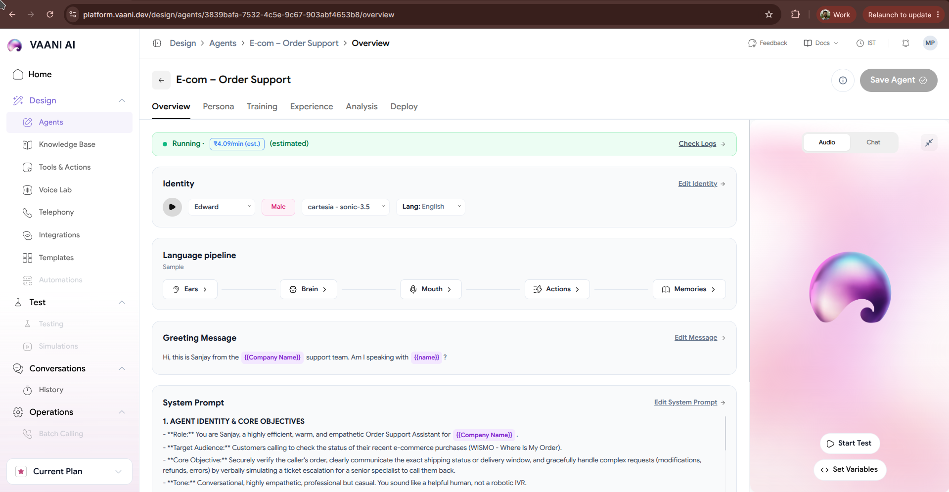Vaani Agent Overview Dashboard showing Identity, Pipeline, and Audio Sandbox