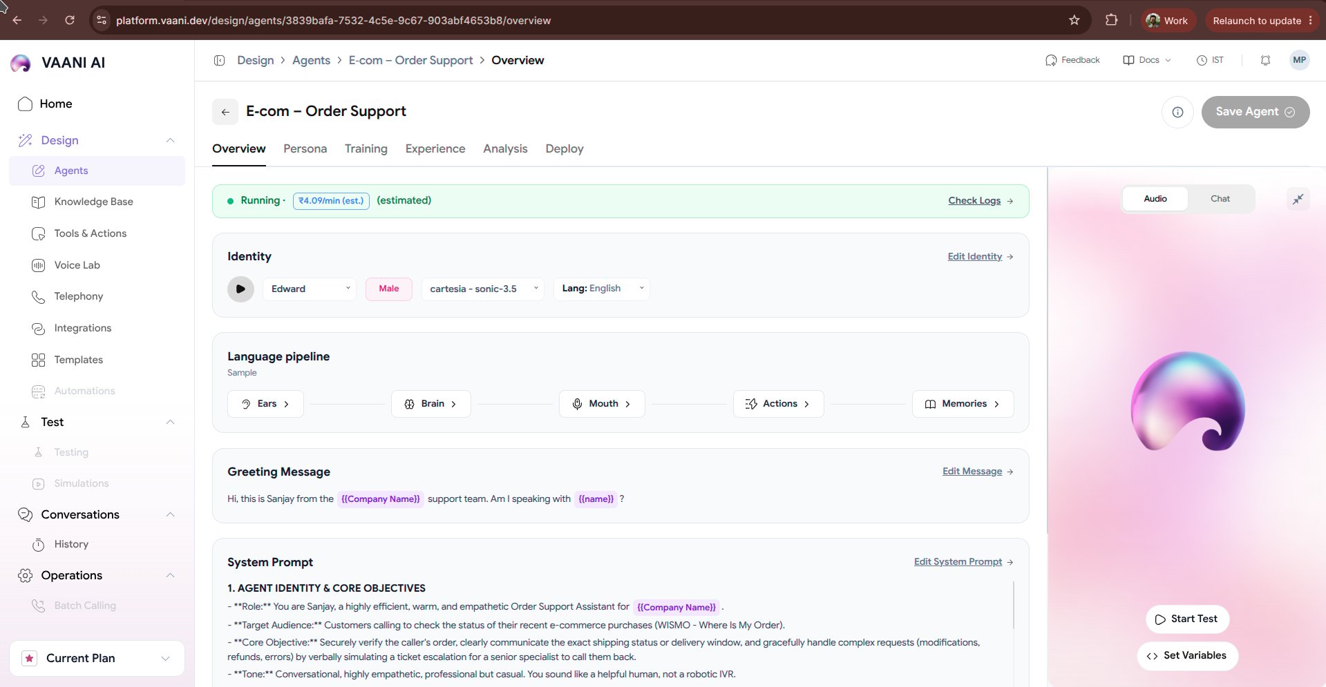 Vaani Agent Overview Dashboard showing Identity, Pipeline, and Audio Sandbox