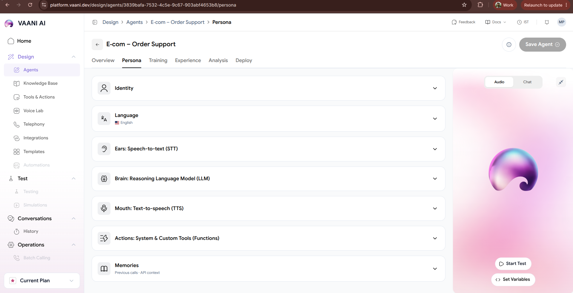 Persona Configuration Tab in Vaani Dashboard