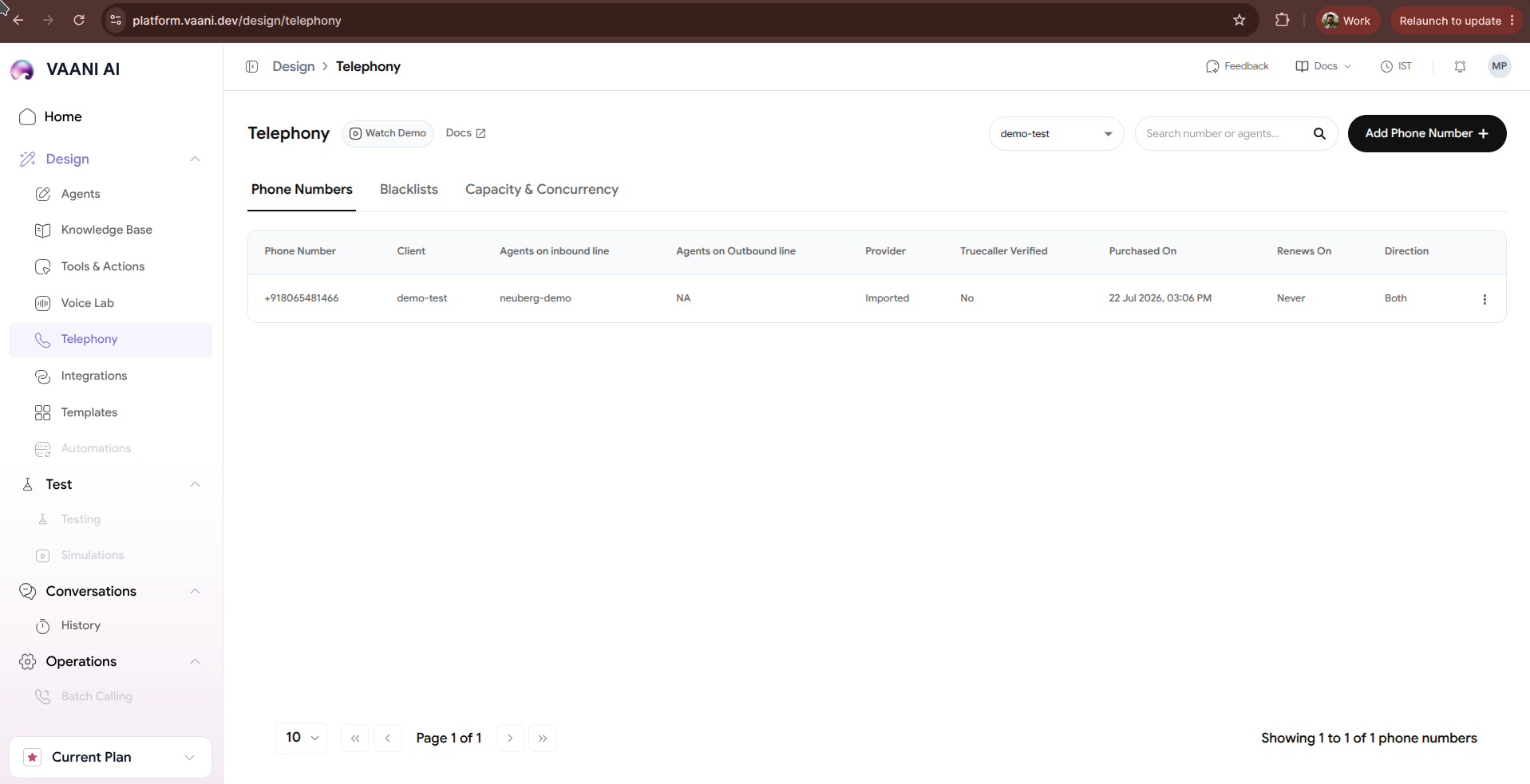 Settings page with the Telephony section highlighted, showing options to provision or connect a number
