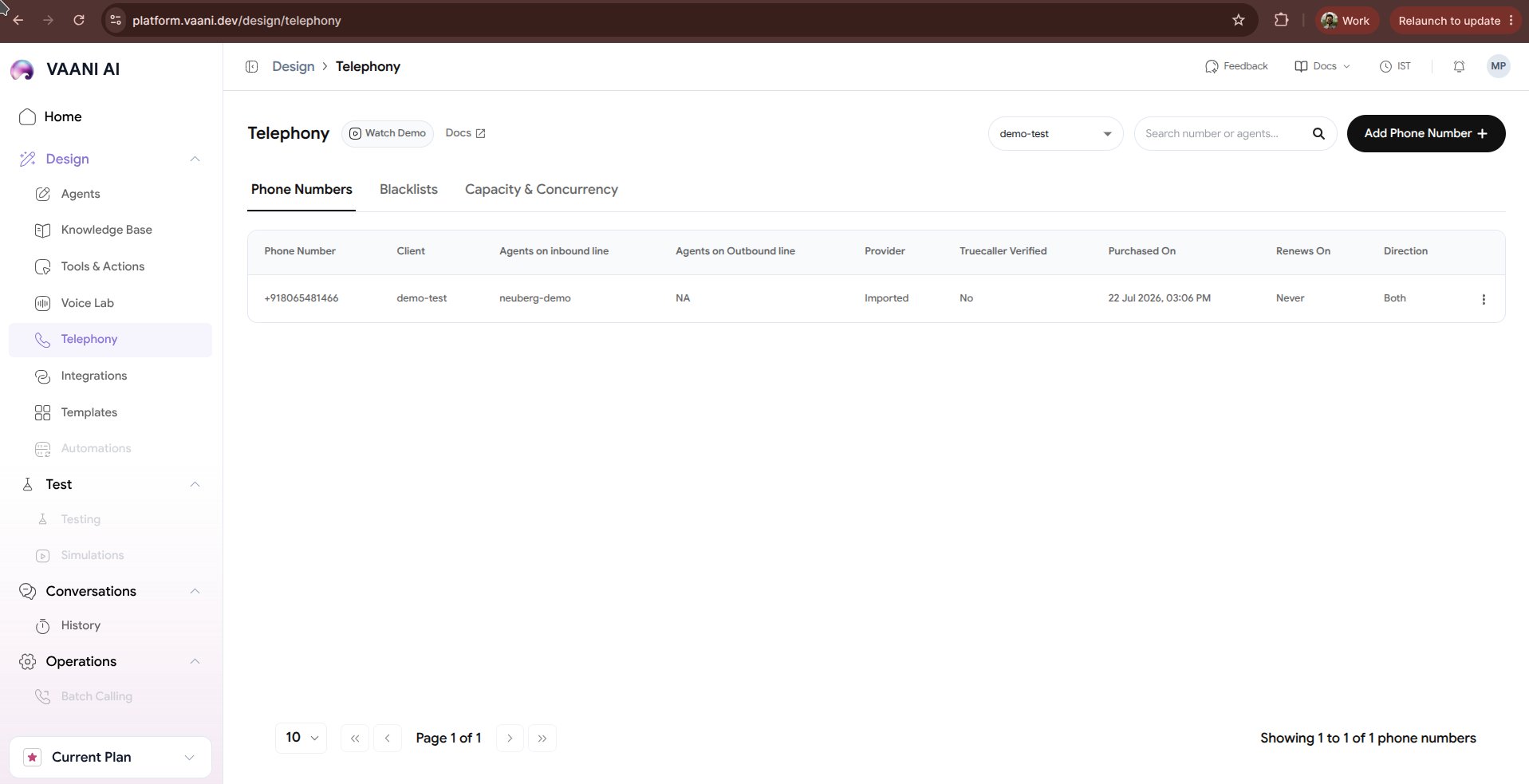 Settings page with the Telephony section highlighted, showing options to provision or connect a number