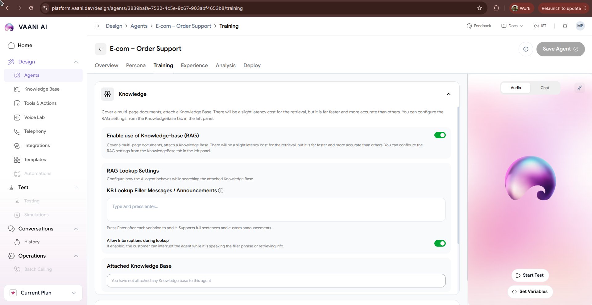 Training Tab in Vaani Dashboard