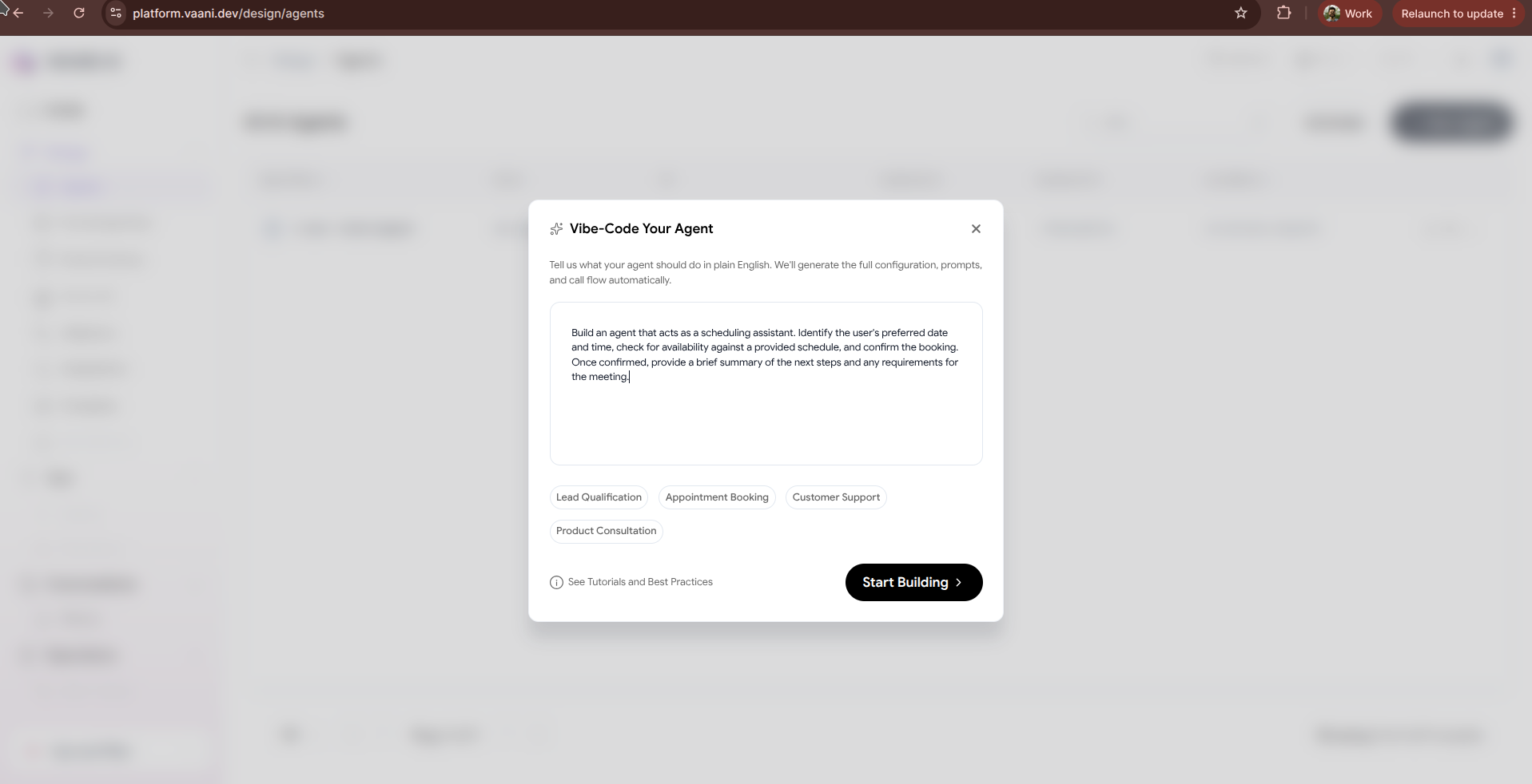 Vaani Create Agent Menu showing Vibe-Code Your Agent