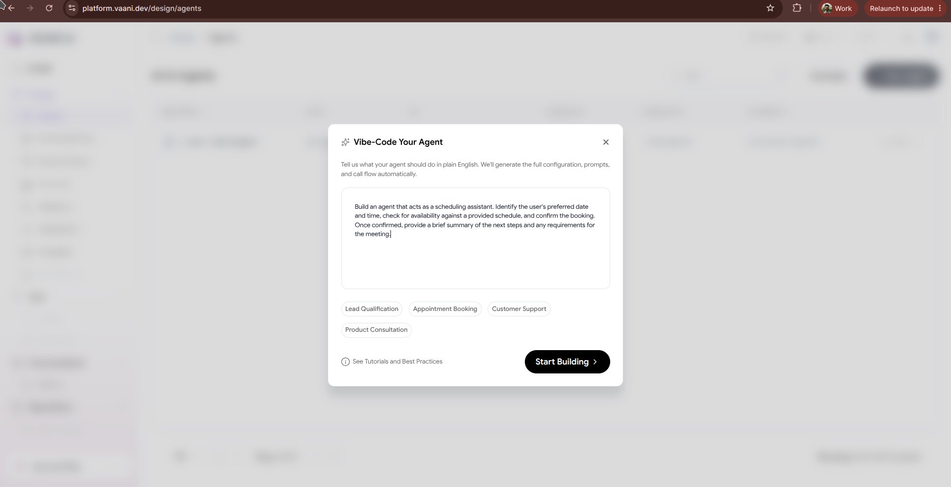 Vaani Create Agent Menu showing Vibe-Code Your Agent