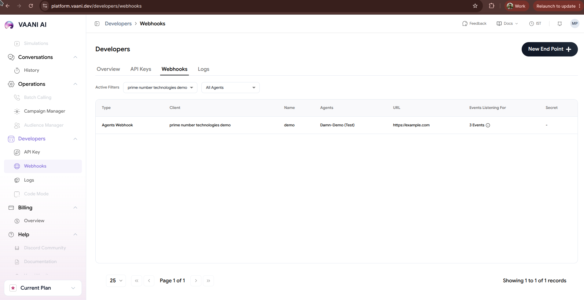 Webhook setup screen
