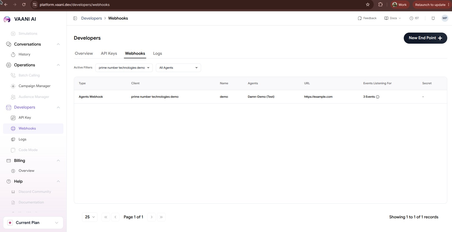 Webhook setup screen