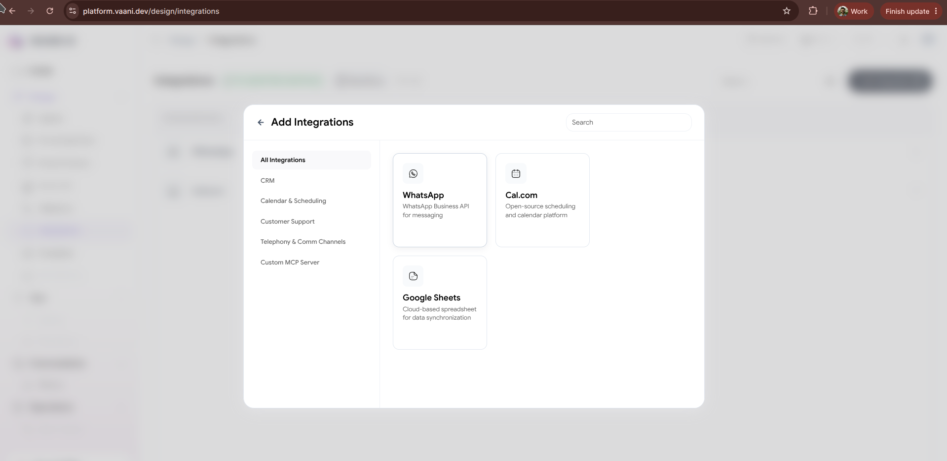 WhatsApp integration screen