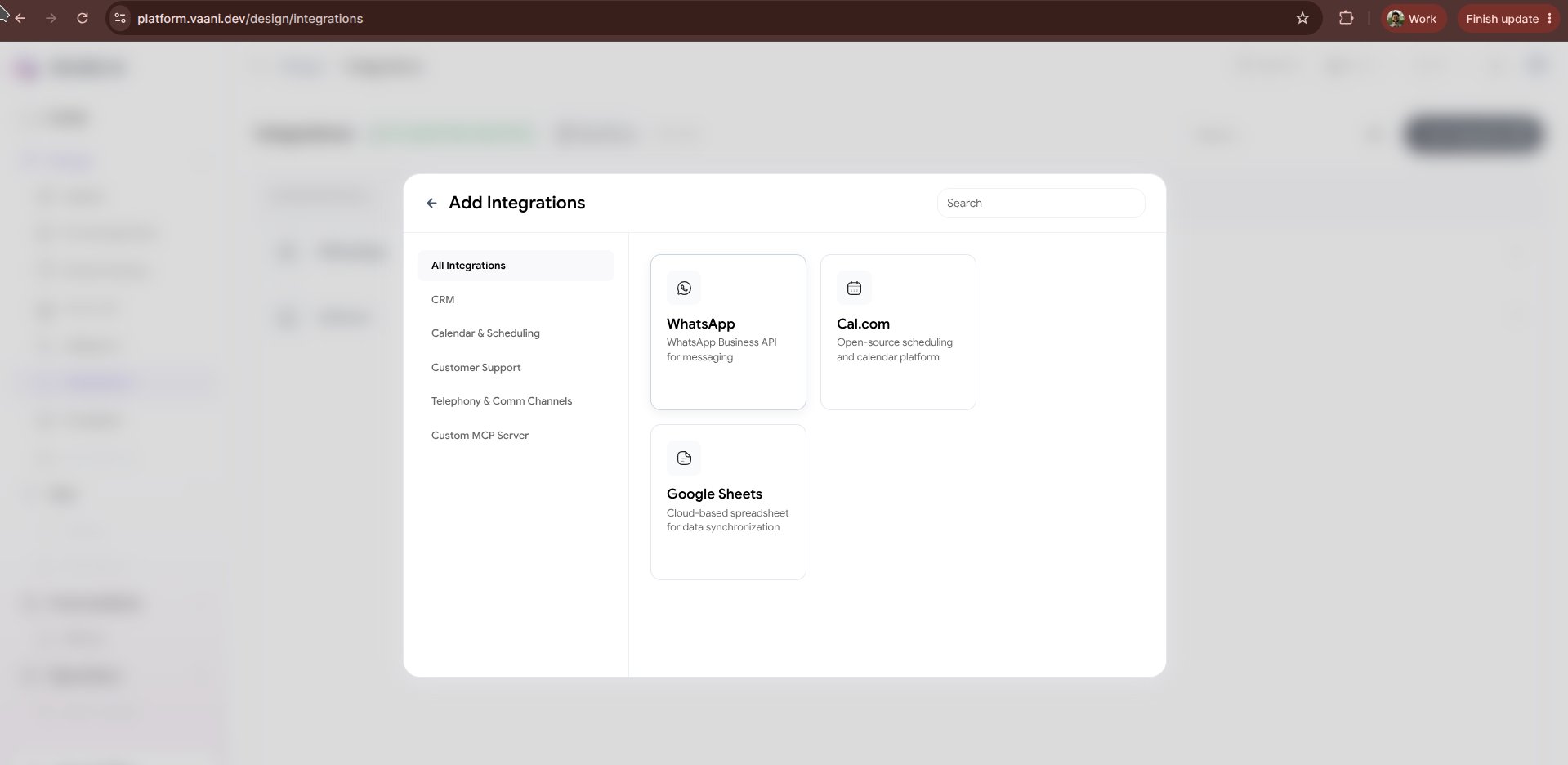 WhatsApp integration screen