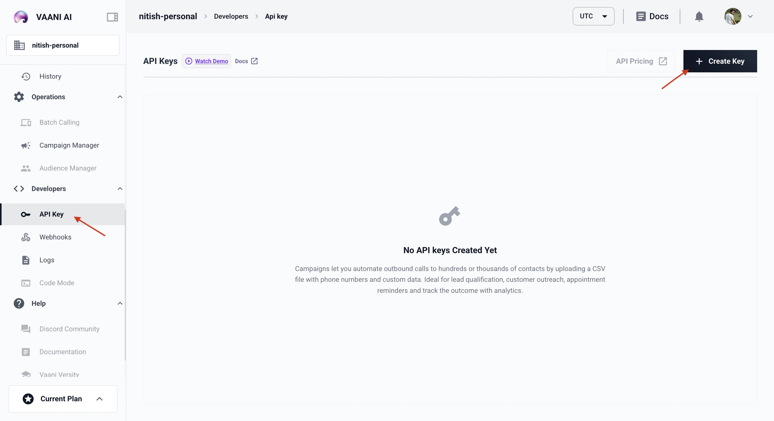 Settings page showing the API Keys section with a Generate API Key button