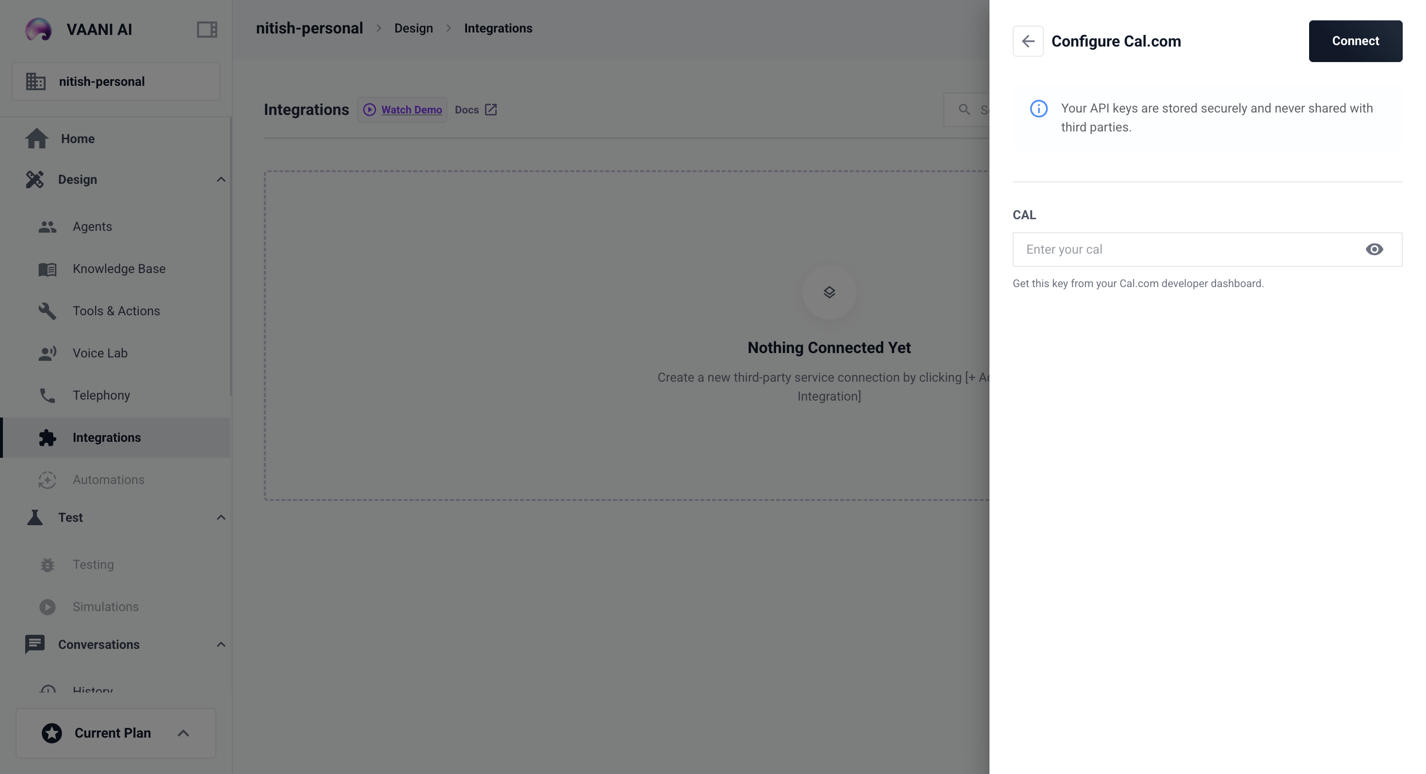 Cal.com integration screen