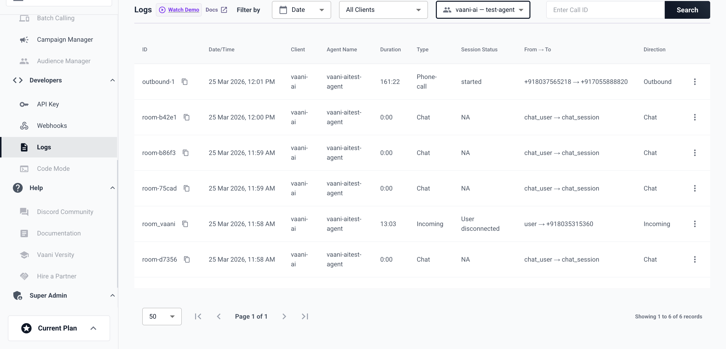 Call logs screen