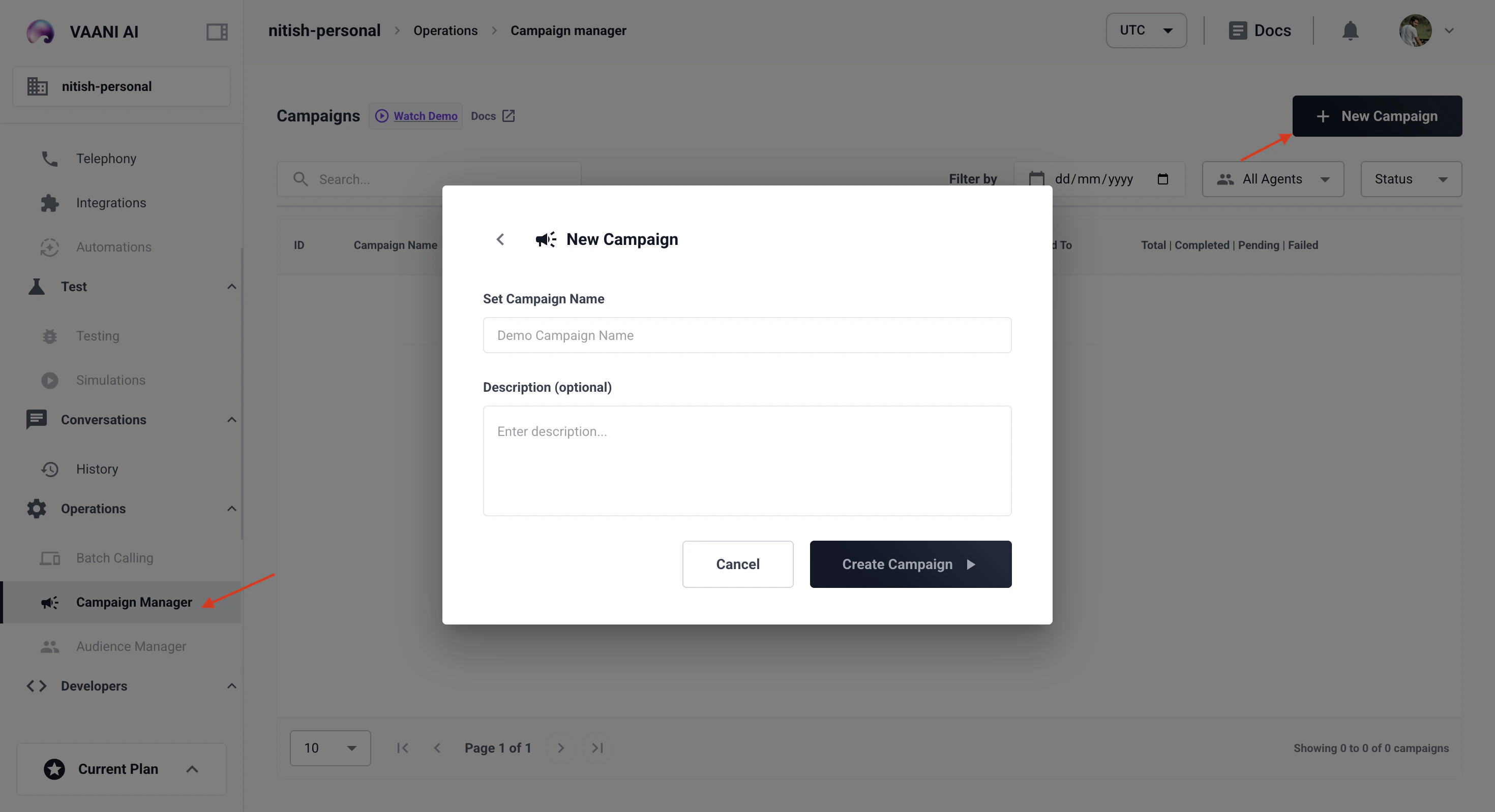 Campaign creation screen