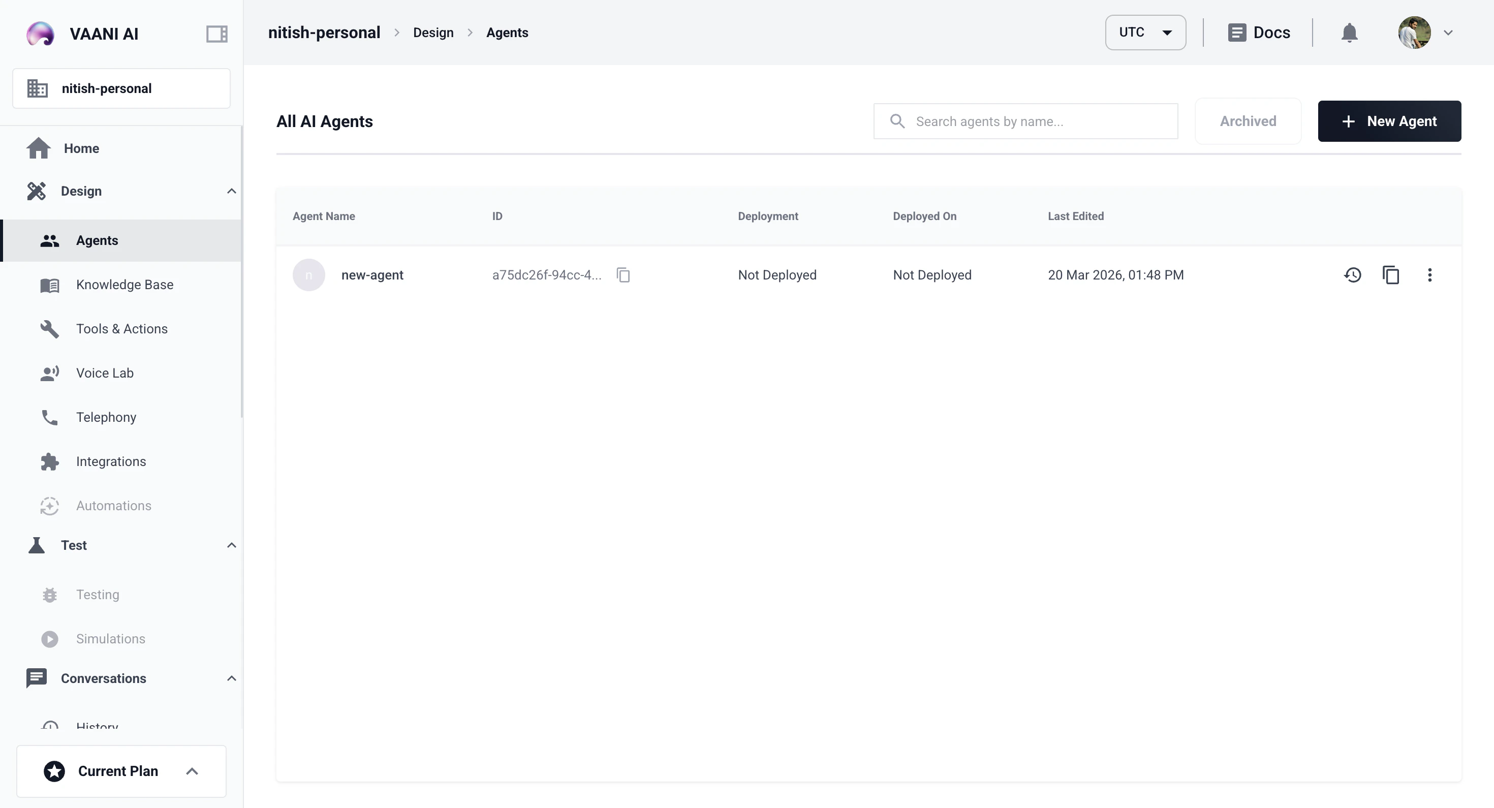 Vaani dashboard showing the main navigation with Agent Config, Call History, and Settings sections