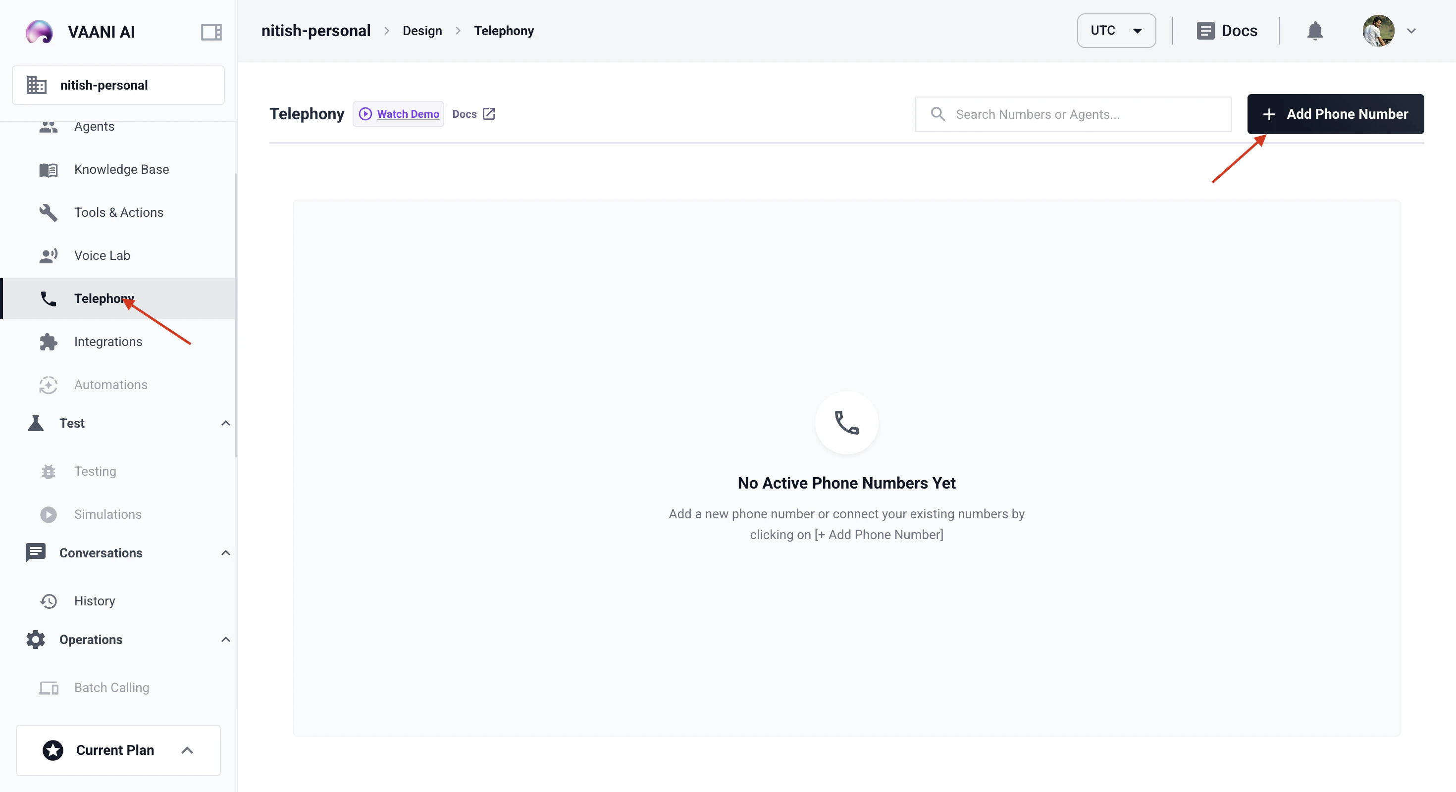 Settings page with the Telephony section highlighted, showing options to provision or connect a number