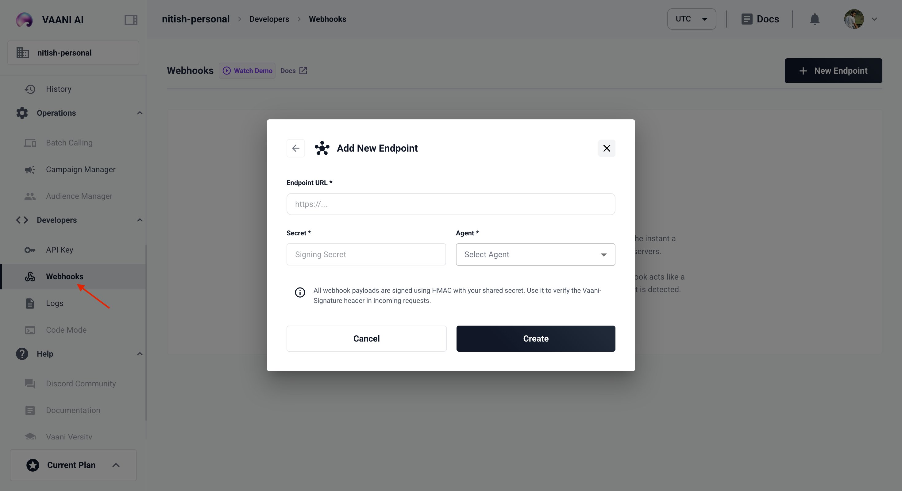 Webhook setup screen