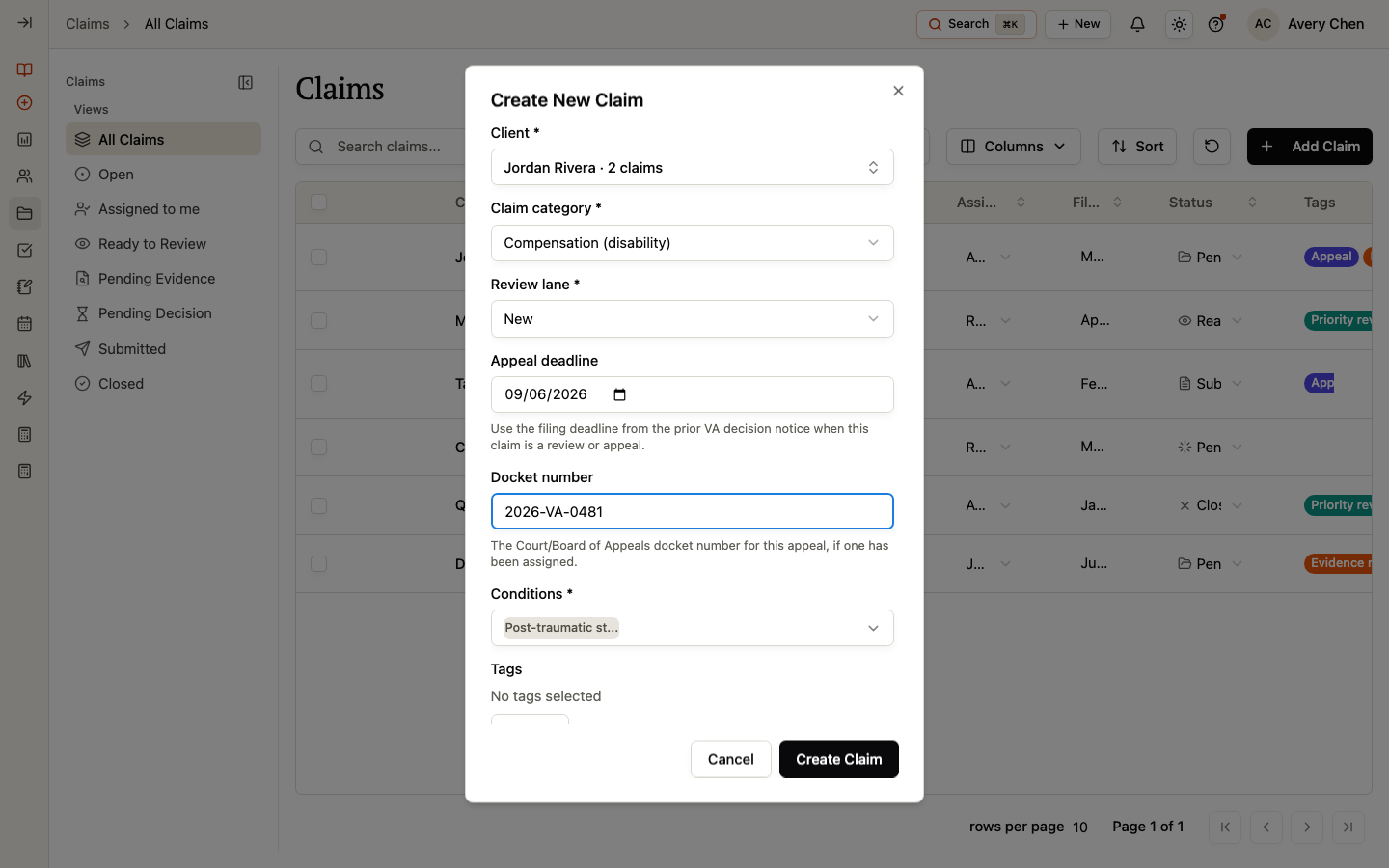 The Create New Claim dialog with a Client, category, review lane, dates, Conditions, and tags.