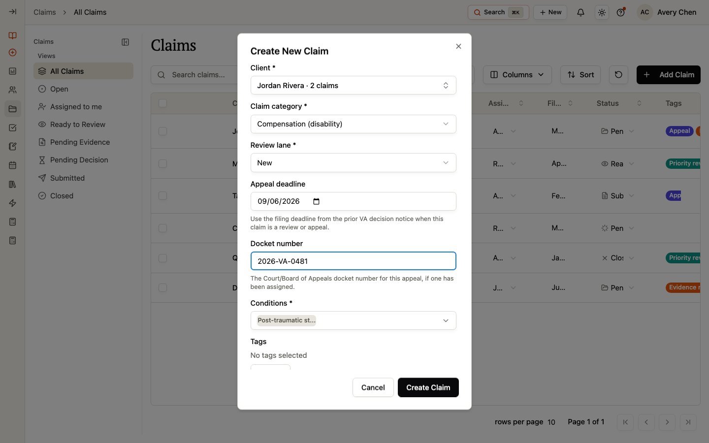 The Create New Claim dialog with a Client, category, review lane, dates, Conditions, and tags.