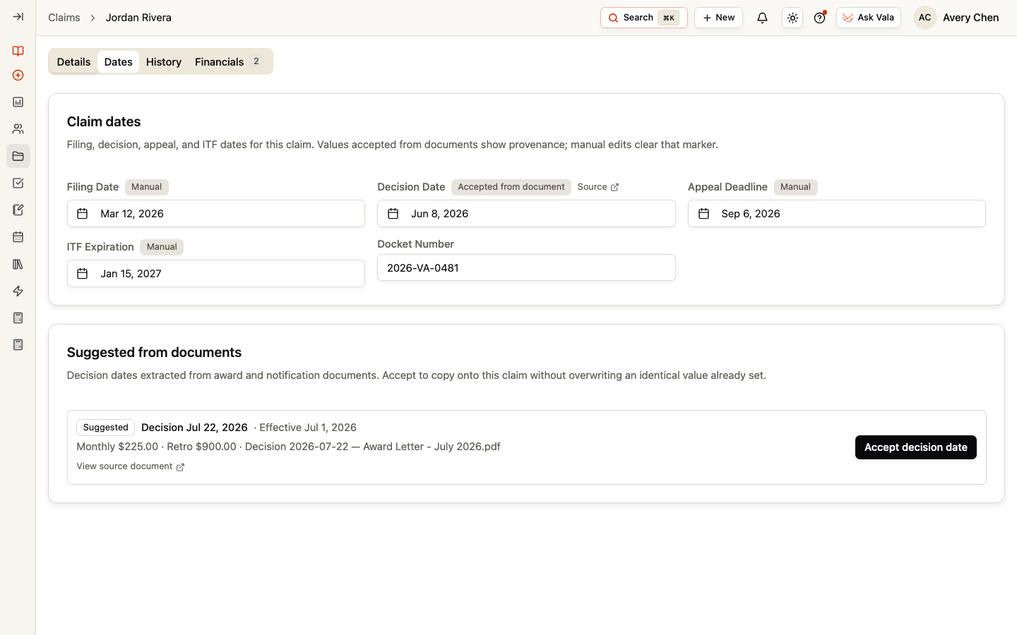 The Claim Dates tab with date fields, source labels, and a suggested decision date from a document.