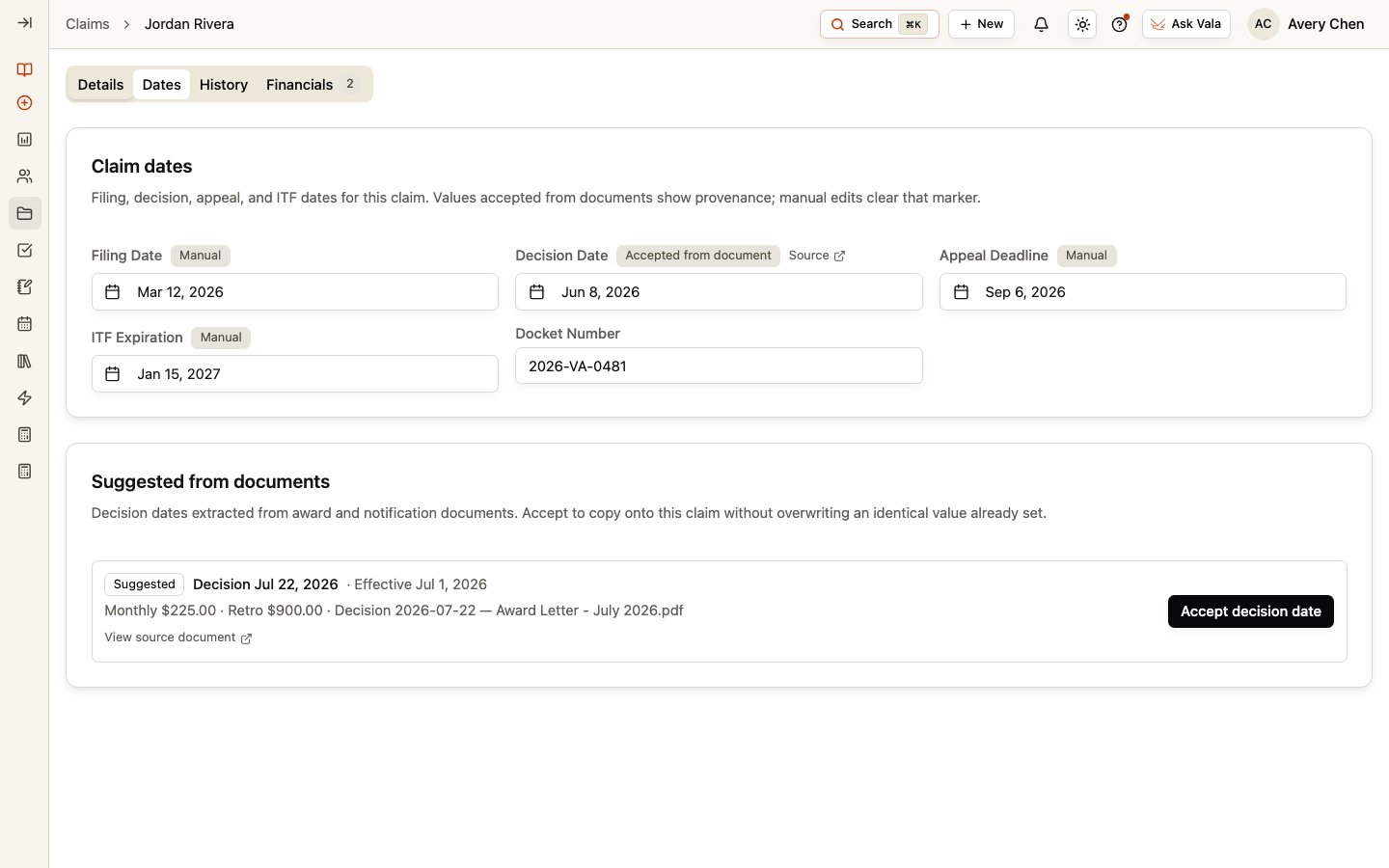 The Claim Dates tab with date fields, source labels, and a suggested decision date from a document.