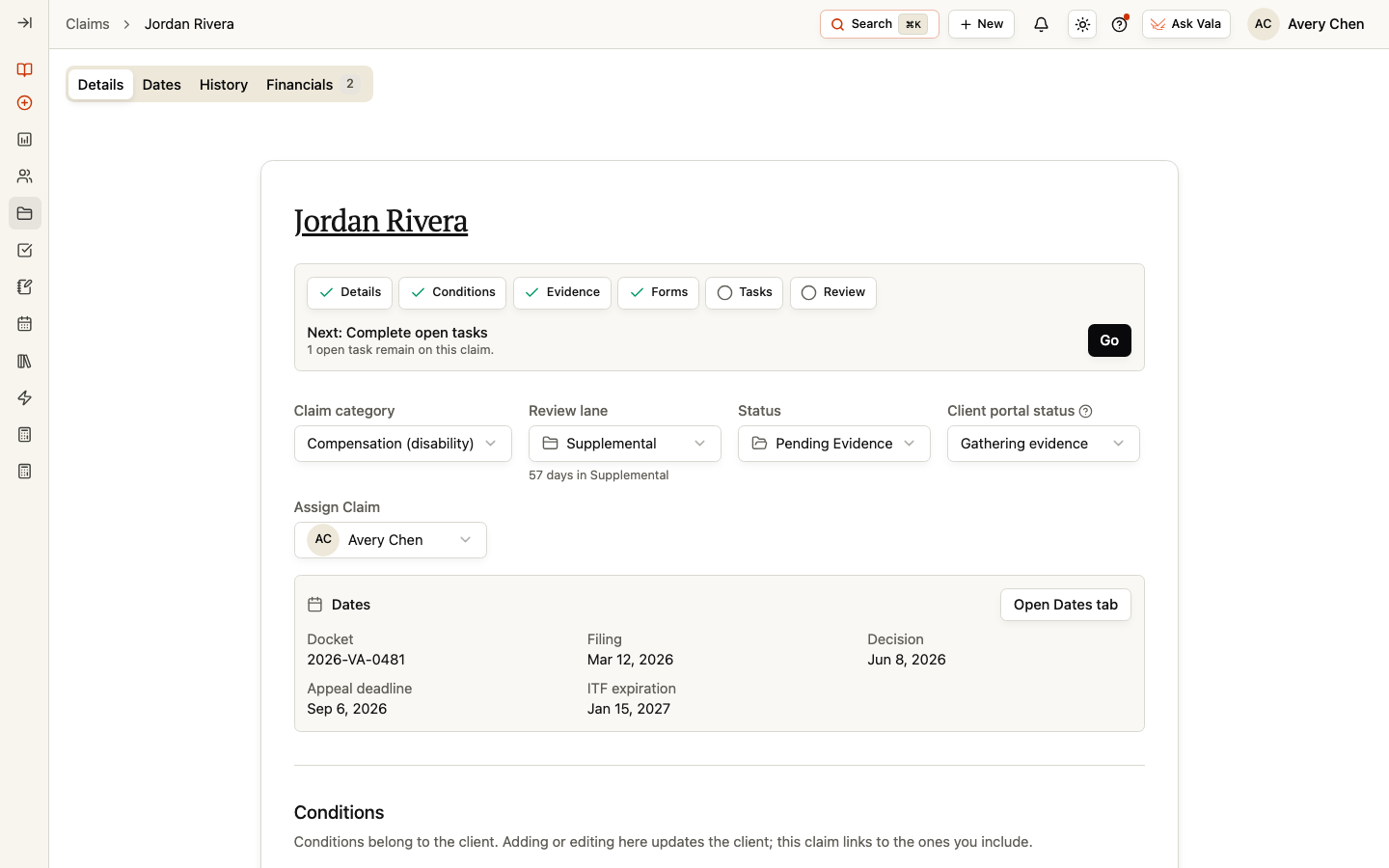 The Claim Details tab with the preparation progression, Claim fields, and linked Conditions.