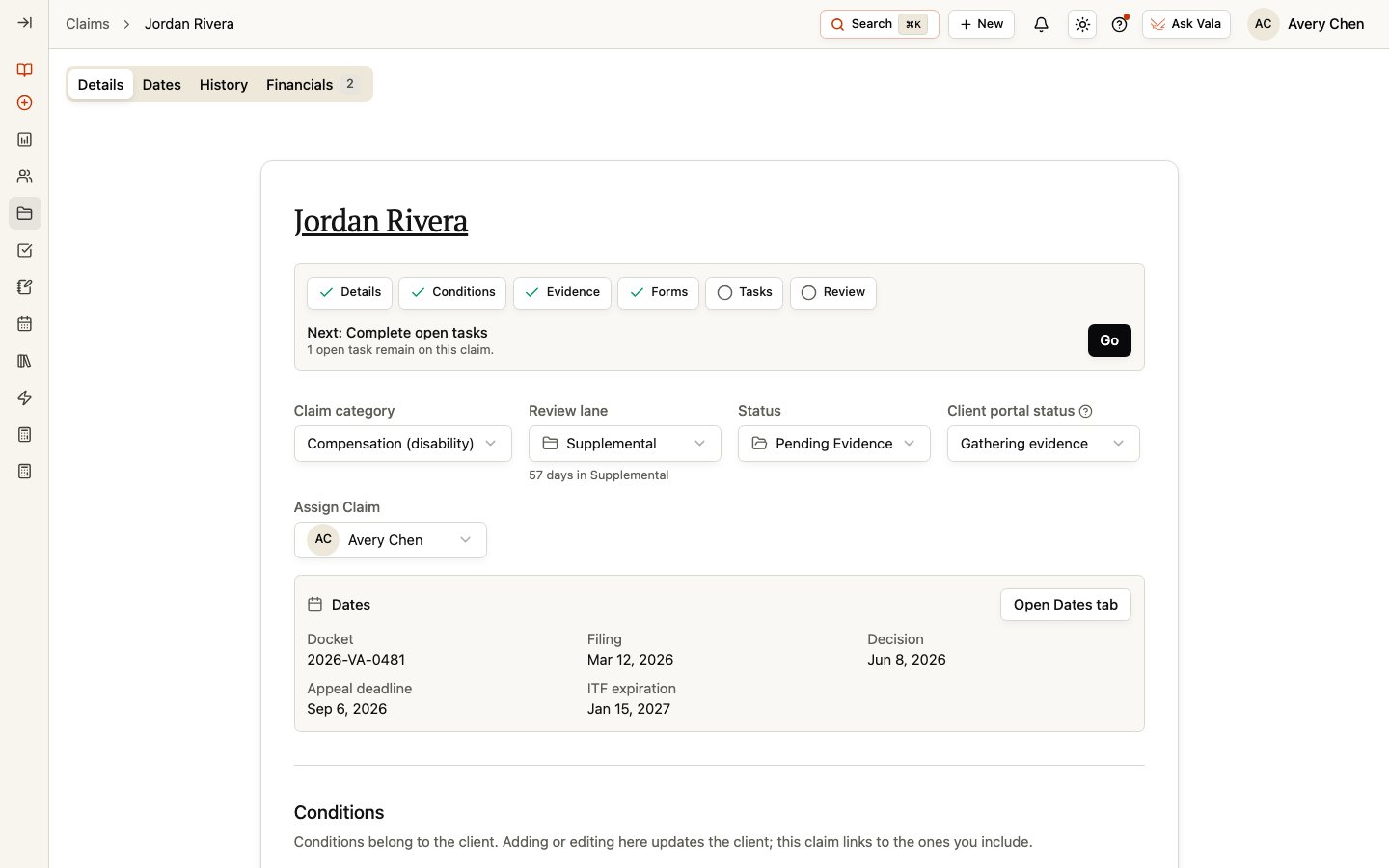The Claim Details tab with the preparation progression, Claim fields, and linked Conditions.