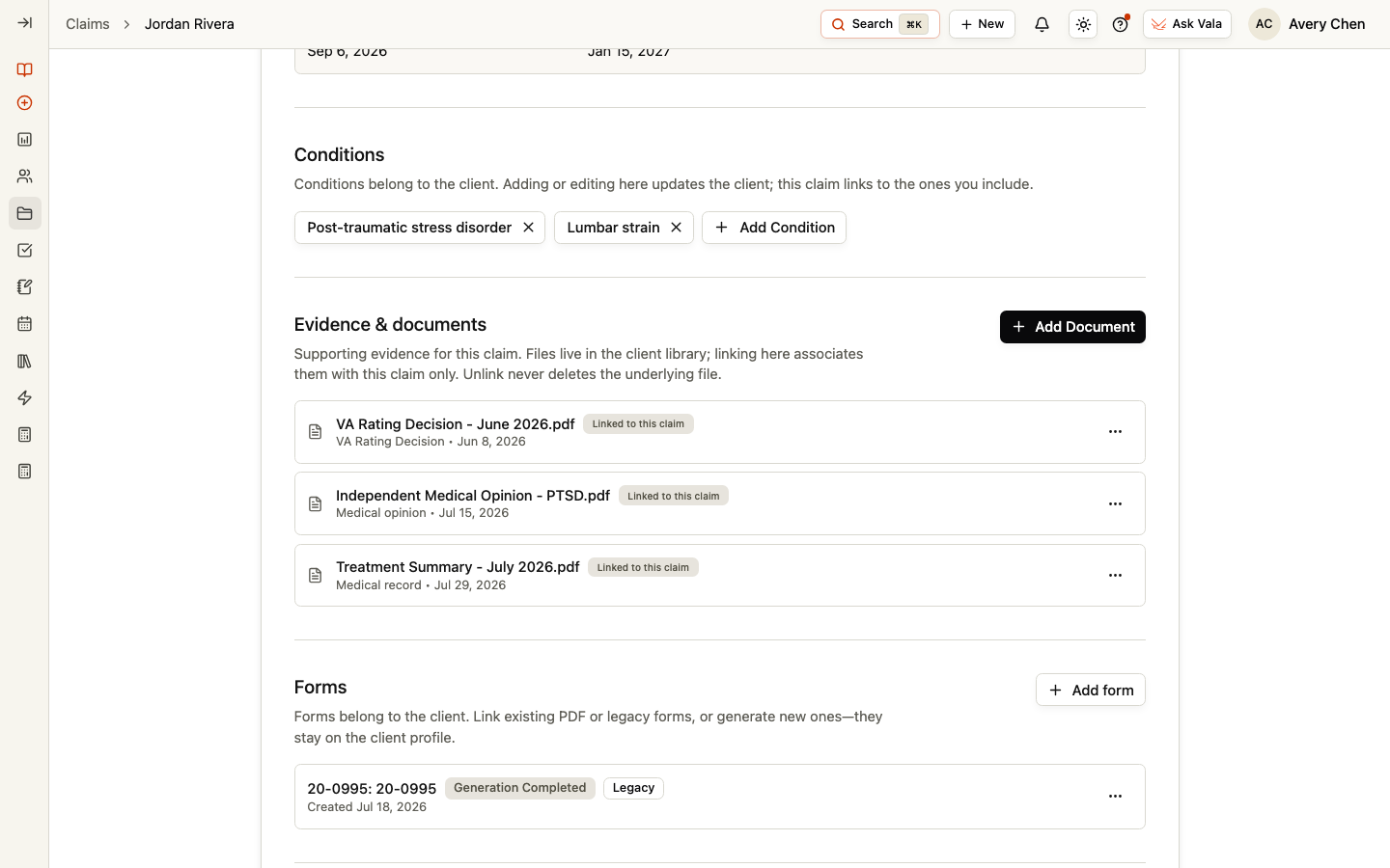 The evidence section with documents linked to a Claim and the Forms section below it.