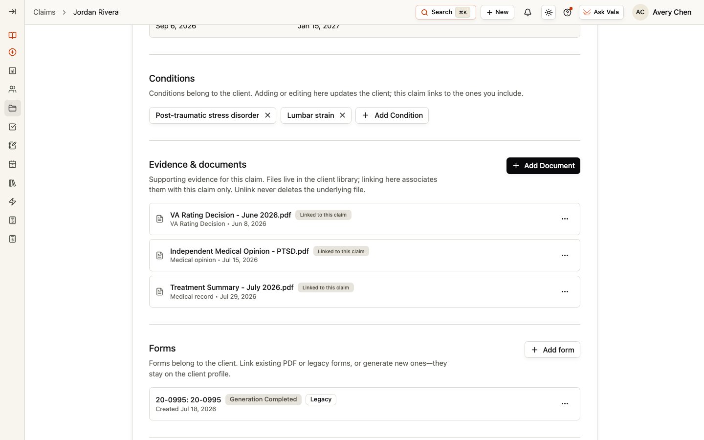 The evidence section with documents linked to a Claim and the Forms section below it.