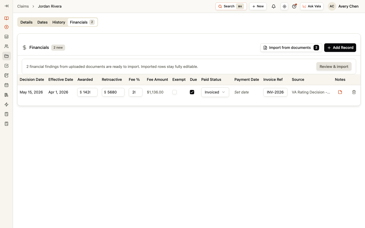 The Claim Financials tab with a financial record and available document findings.