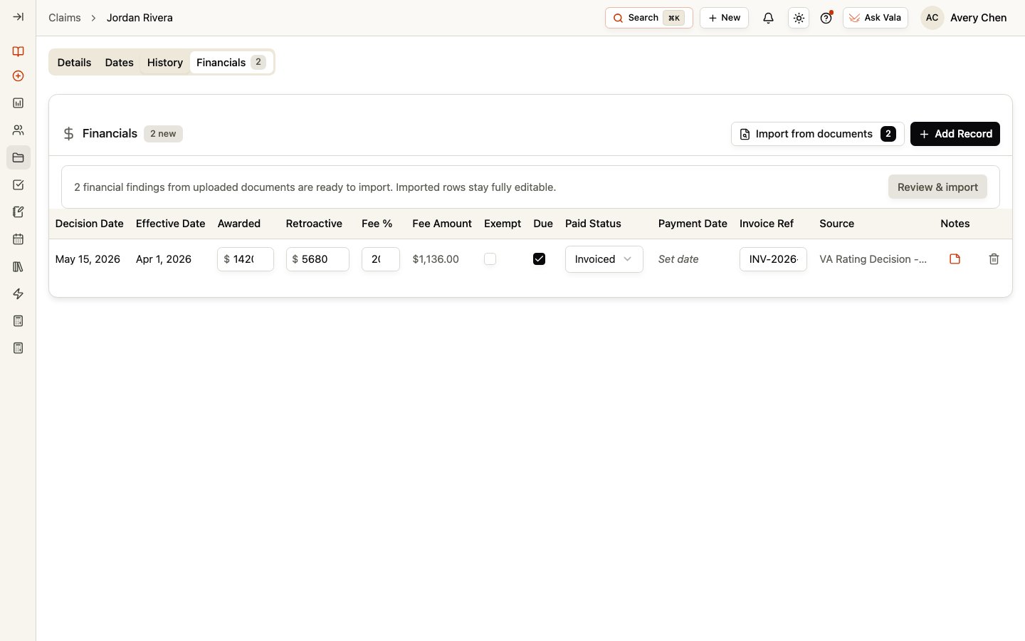 The Claim Financials tab with a financial record and available document findings.