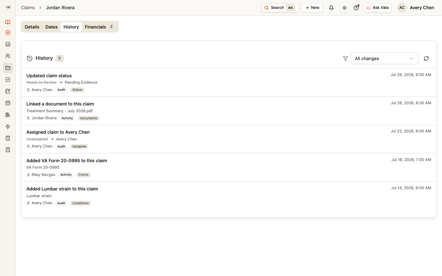 The Claim History tab showing status, document, assignment, form, and Condition changes.
