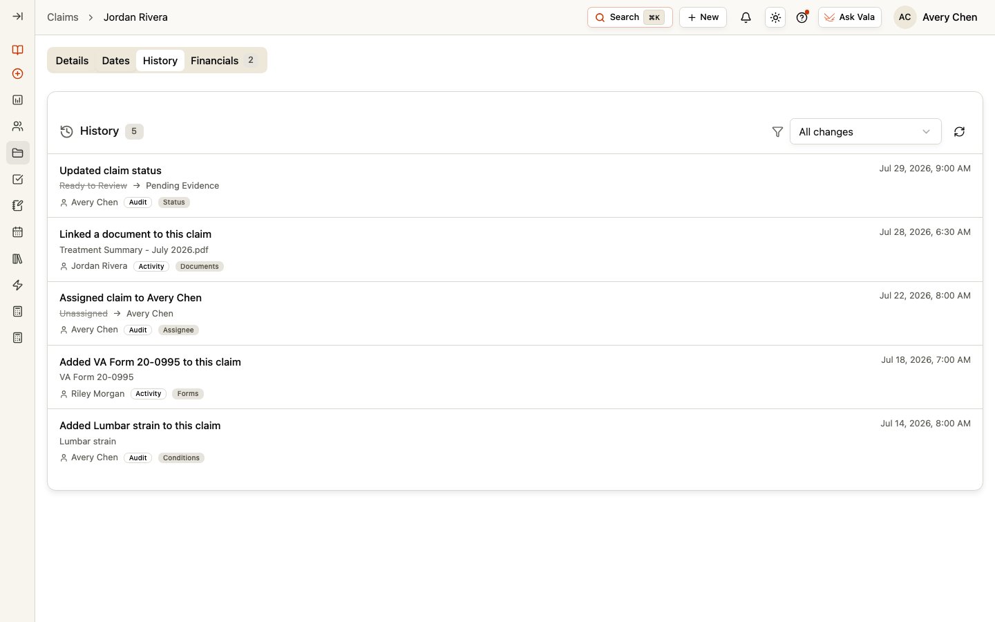 The Claim History tab showing status, document, assignment, form, and Condition changes.