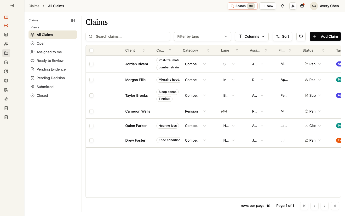 The Claims workspace with views, filters, a configurable table, and claims for several Clients.