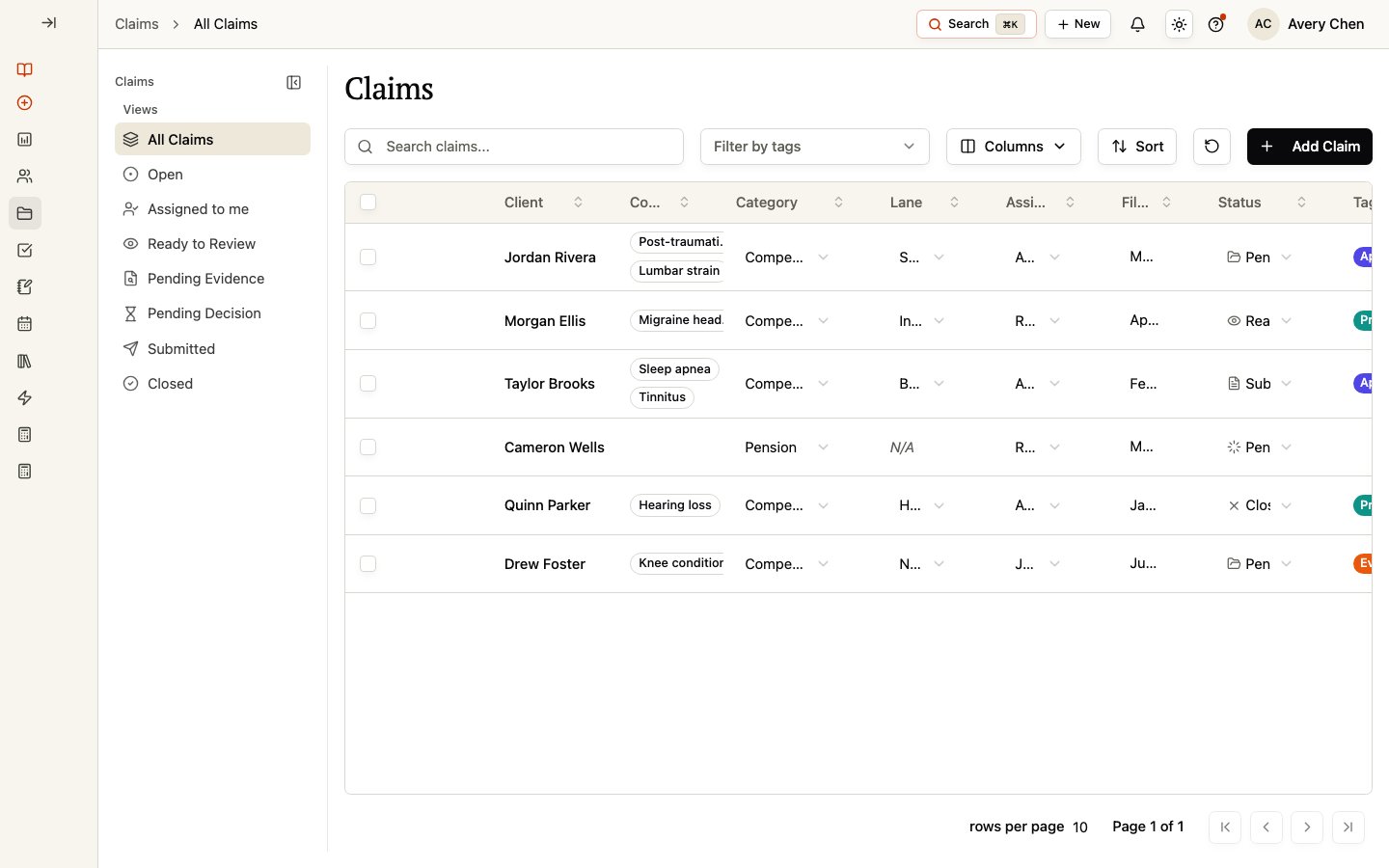 The Claims workspace with views, filters, a configurable table, and claims for several Clients.