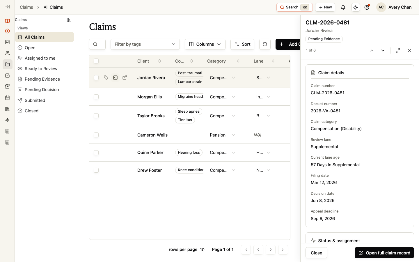 Quick view for a Claim record, with claim details and an option to open the full record.